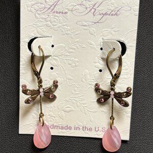 NEW Anne Koplik pink Bonnie Crystal Dragonfly Earrings w opalescent pink dangle